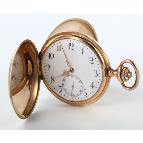 496 - Gents 14ct cased full hunter pocket watch the white dial with arabic numerals with subsidiary second... 