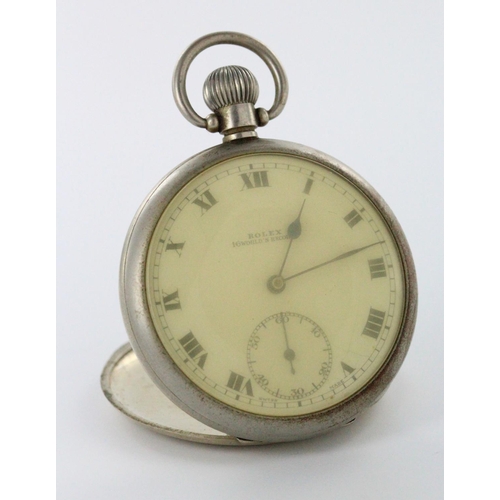 499 - Gents base metal open face pocket watch by Rolex. The signed cream dial with roman numerals and subs... 