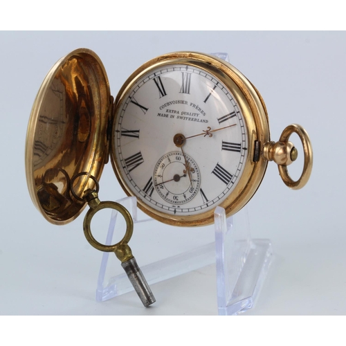 501 - Mid-size 14ct full hunter pocket watch by Courvoisier Freres. Approx 43mm dia, total weight 60.6g, w... 