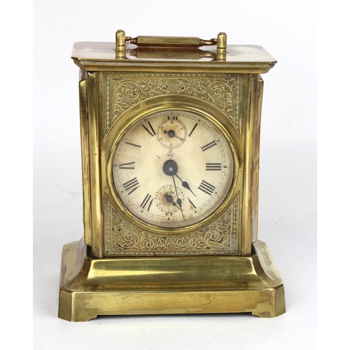 521 - German brass musical alarm clock, dial reads 'J.U.F.', height 15.5cm approx.