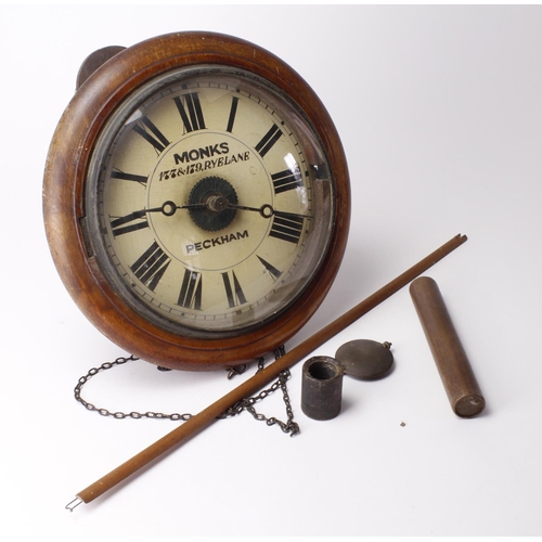 525 - Mahogany wall clock, dial reads 'Monks, 177 & 179 Rye Lane, Peckham', diameter 29cm approx. (unteste... 