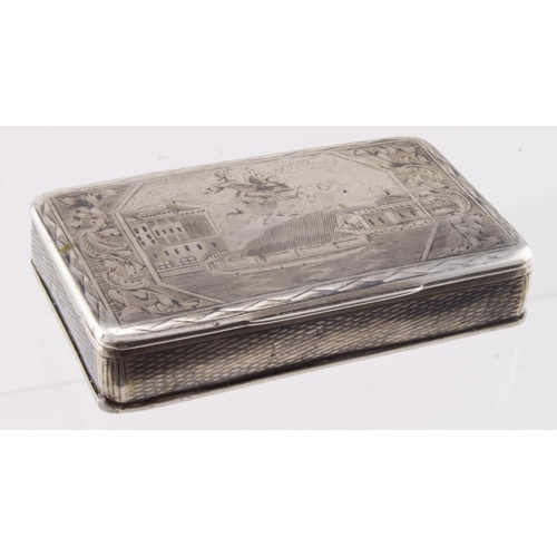 596 - Russian silver & niello snuff box, depicting the Statue of Peter the Great in St. Petersburg, stampe... 