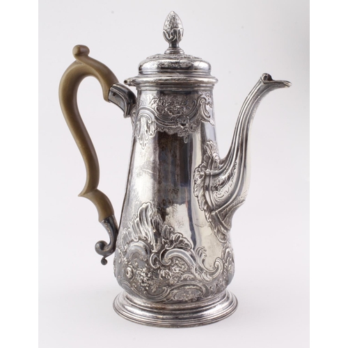 600 - George II silver coffee pot, hallmarked London 1743 by John Kincaid,  chased foliate scroll decorati... 