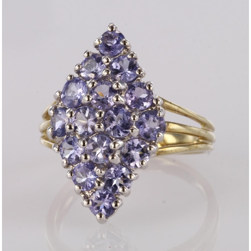 62 - 9ct yellow gold diamond shaped tanzanite cluster dress ring, finger size K, weight 3.0g