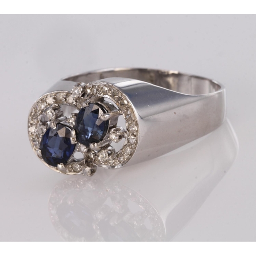 68 - 18ct white gold sapphire and diamond double offset cluster dress dring, finger size V, weight 8.1g