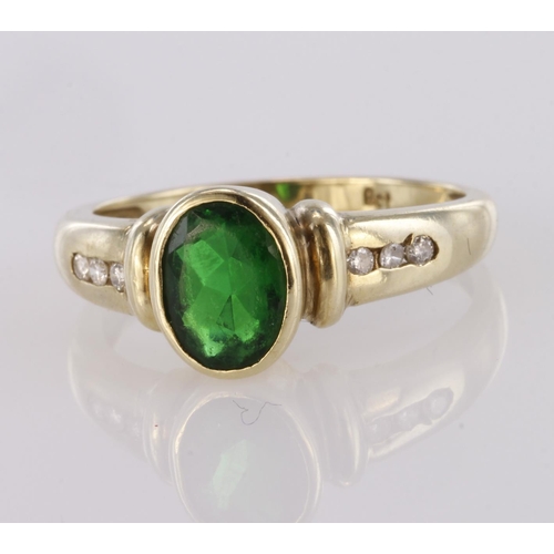 69 - 9ct yellow gold green diopside and diamond dress ring, finger size N, weight 2.5g