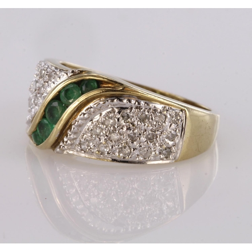 79 - 9ct yellow gold emerald and diamond dress ring, finger size O, weight 3.9g