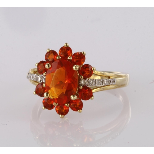 83 - 9ct yellow gold fire opal cluster ring with diamond accents, finger size L, weight 2.2g