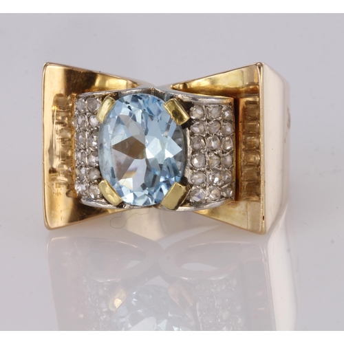 85 - 18ct rose gold and platinum French 1940's cocktail ring set with blue topaz and diamonds, finger siz... 