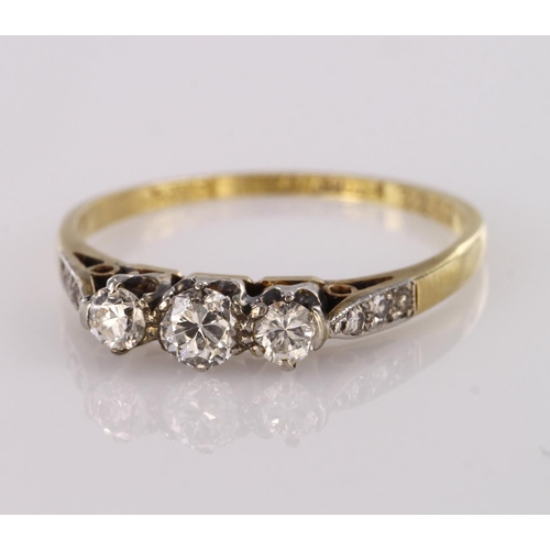 86 - 18ct Gold stamped three Stone cushion cut Diamond Ring approx 1.75ct weight size R weight 3.0g