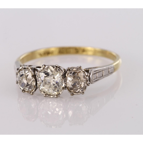 86 - 18ct Gold stamped three Stone cushion cut Diamond Ring approx 1.75ct weight size R weight 3.0g