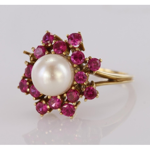 90 - Yellow Gold (tests 14ct) Pearl and Pink Sapphire Ring (one stone missing) size O weight 6.9g