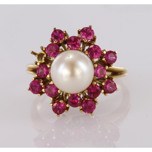 90 - Yellow Gold (tests 14ct) Pearl and Pink Sapphire Ring (one stone missing) size O weight 6.9g