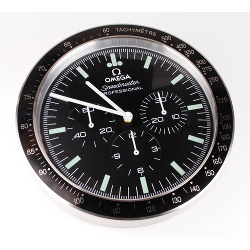 514 - Advertising Wall Clock. Black & chrome 'Omega' 
 black dial reads 