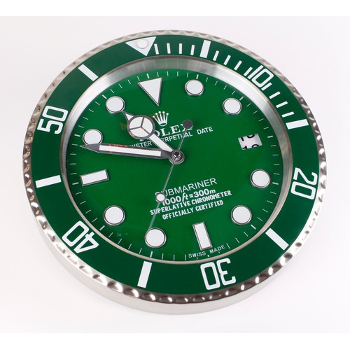 516 - Advertising Wall Clock. Green & chrome 'Rolex' advertising wall clock, black dial reads 'Rolex Oyste... 