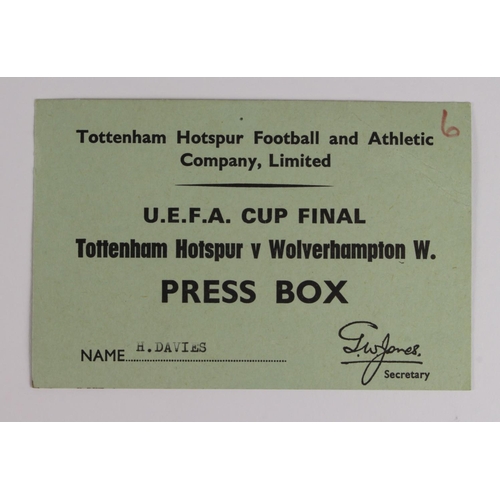 1013 - Tottenham v Wolverhampton W Press Box ticket issued by Tottenham for UEFA Cup Final