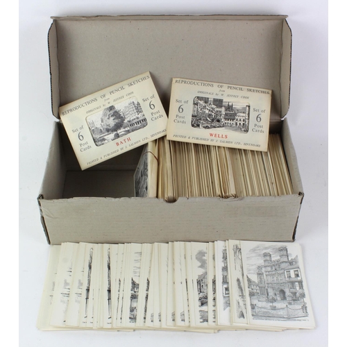 532 - Pencil line drawing postcards, Canterbury, Peterborough, Bath, London, loose & in packets, duplicati... 