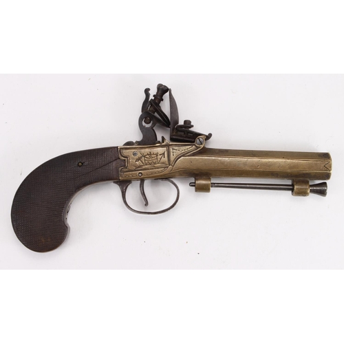 1049 - Pistol, a good, attractive Flintlock, boxlock pocket pistol, brass frame + octagonal barrel, simple ... 