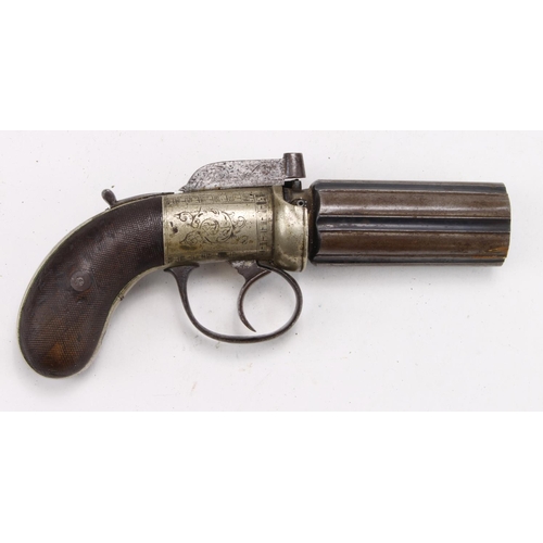 1061 - Revolver, an unmarked good quality Pepperbox percussion revolver, .32 cal, six shot. 'German' silver... 