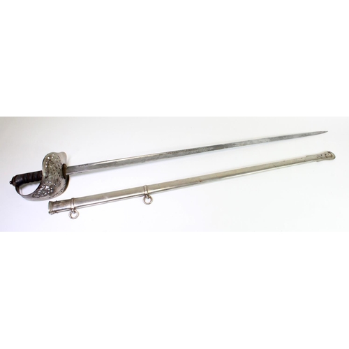 1071 - Sword GRV 1897 pattern Infantry Officers with engraved blade in its steel scabbard.