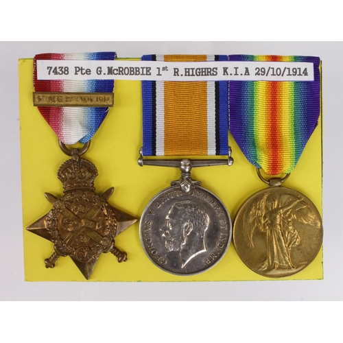 1076 - 1914 Star (with later slide on clasp) BWM & Victory Medal to 7438 Pte G McRobbie R.Highlanders. Kill... 