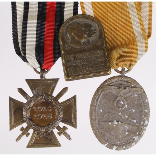 1468 - German medals - WW1 Honour Cross with Swords, Nazi West Walls Medal, and a 1918 '11.Armee' pin badge... 