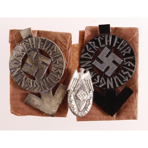 1497 - German Nazi Hitler Youth Proficiency badge in silver, and Iron, plus small pin badge. (3)