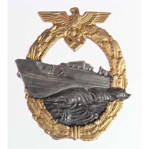 1596 - German WW2 E boat War badge with hook above pin maker marked.