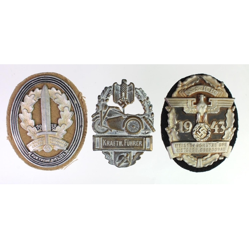 1610 - German WW2 motorcycle club badge together with NSKK 1943 badge and one other.