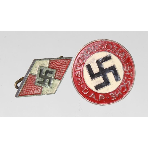 1611 - German WW2 National Socialist party badge with Hitler Youth lapel badge.