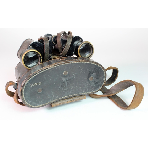 1614 - German WW2 pair of bush army binoculars in their waffen marked black leather case.