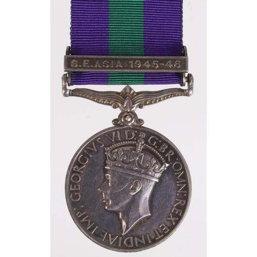 1644 - GSM GVI with S.E.Asia 1945-46 clasp, named (14736766 Gnr A S Hurkett RA). Enlisted 6/4/1944, served ... 