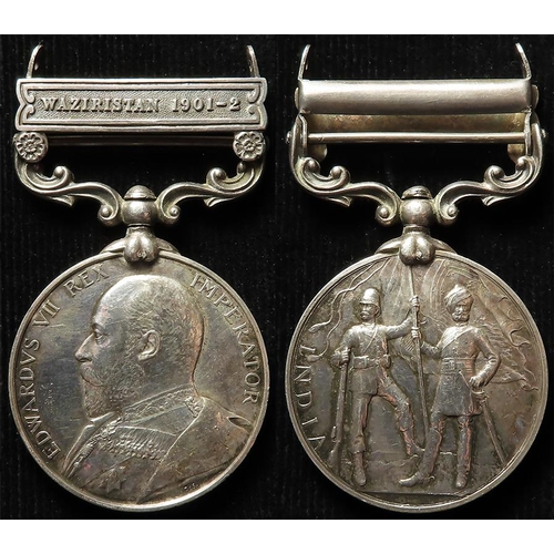 1677 - India Medal 1896 EDVII with clasp Waziristan 1901-2, named (Lieut E E S Bennett, 11th Rajputs). With... 