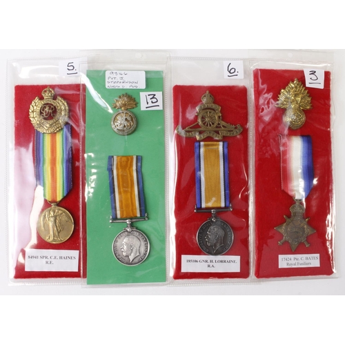 1957 - WW1 single medals with cap badges, BWM to 9346 Pte Stephenson North'D Fus, BWM to 185106 Gnr H Lorra... 