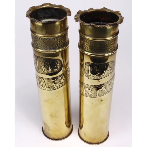 1967 - WW1 tall shell cases, trench art style '1918 Roulers' and '1914 Dixmunde'. Attractive pair