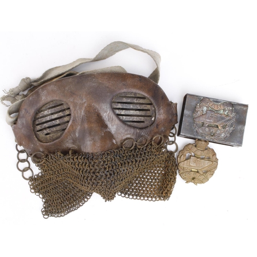 1968 - WW1 Tank Mask, with Cap Badge and trench art matchbox. (3)