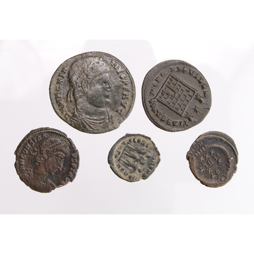 459 - Roman Imperial (5) bronze: Constans AE4 'VOT' VF, Constantius II as Caesar AE3 campgate VF, ditto as... 