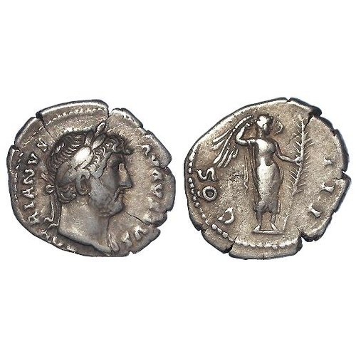 477 - Roman Imperial, Hadrian silver denarius, Rome 125-128 AD, 3.2g, 20mm, COS III, Victory with long pal... 