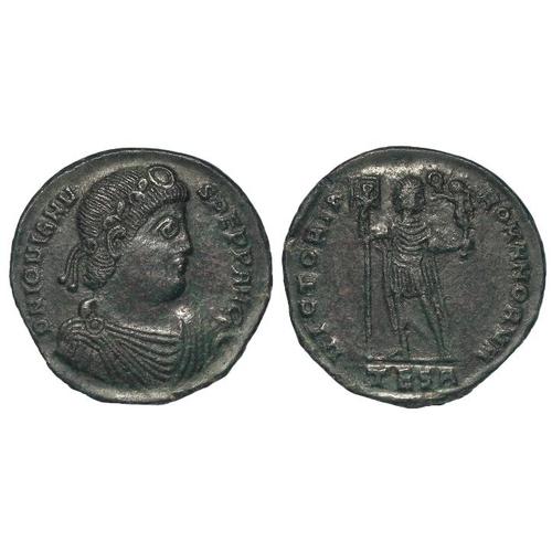 479 - Roman Imperial, Jovian AE follis, Thessalonica 363-64 AD, 7.52g, 27mm, holding standard and Victory ... 