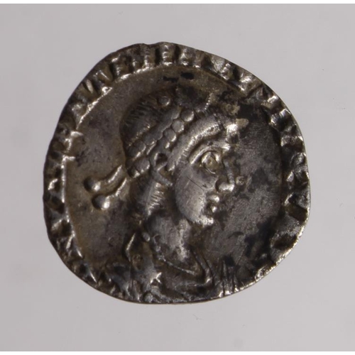 519 - Valentinian II silver siliqua 375-383 AD, Victory Reverse. Clipped nVF, mint off-flan but good portr... 