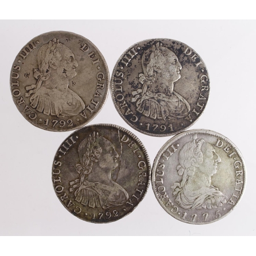 527 - Bolivia Silver 8 Reales (4): 1775 PTS JR nVF, 1791 PTS PR patchy toned GF (probably shipwreck), 1792... 