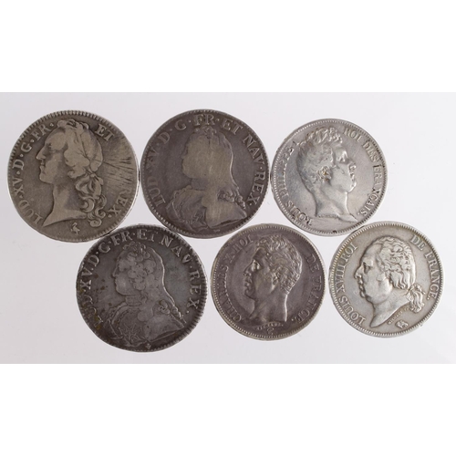 546 - France silver (6) Ecus: 1726A Fine, 1728K nVF adjustment lines, 1769A GF adjustment lines; 5 Francs:... 