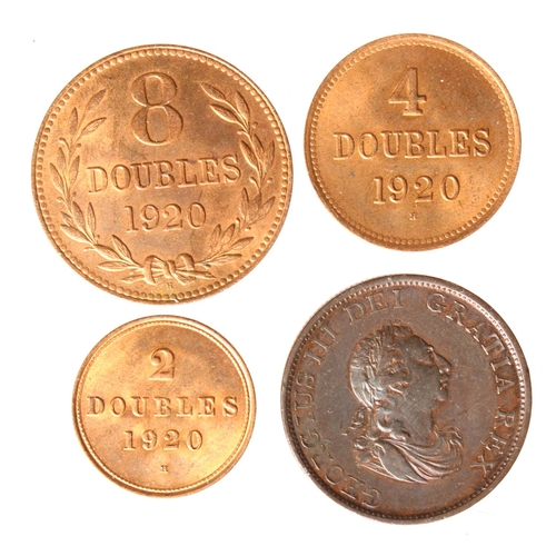 550 - GB & Guernsey (4): Halfpenny 1799 VF, Guernsey: 8 Doubles 1920H, 4 Doubles 1920H, and 2 Doubles 1920... 