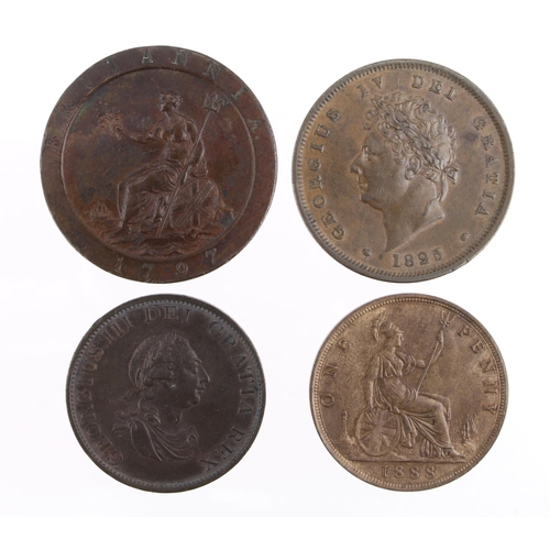 582 - GB Copper & Bronze (4): Cartwheel Penny 1797 GVF edge knock, Penny 1825 GVF, Penny 1888 EF with lust... 