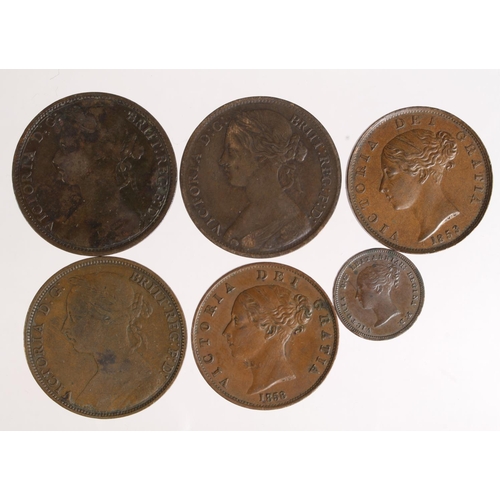 583 - GB Copper & Bronze (6) Pennies and Halfpennies 1853-1885 F-GVF, and a Half Farthing 1851 VF