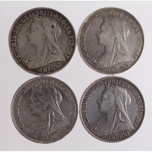 586 - GB Crowns (4): 1896 LX F/GF, 1896 LX Fine, 1897 LXI lightly cleaned VF, and 1898 LXII Fine.