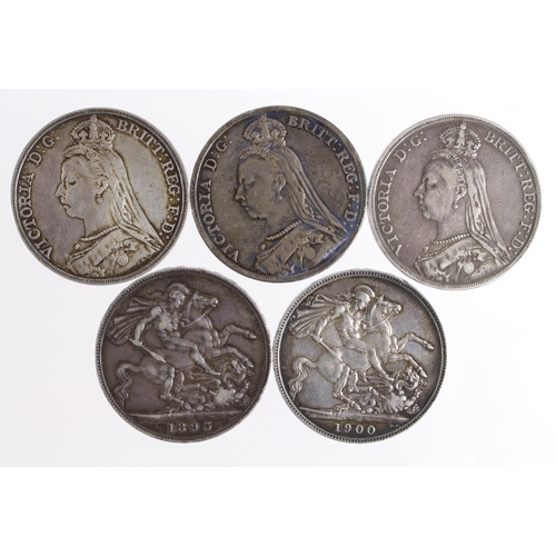 589 - GB Crowns (5): 1889 GVF, 1890 nVF, 1892 GF/nVF, 1893 LVI VF, and 1900 LXIV VF