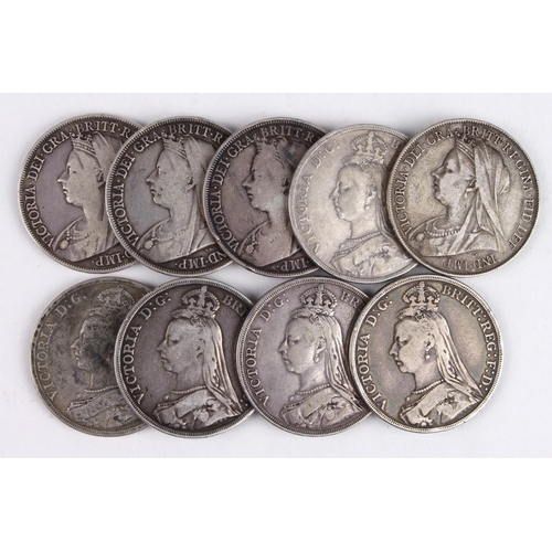 590 - GB Crowns (9) All Victoria. JHx5 & OHx4. Average Fine