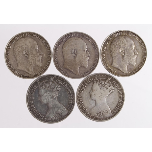 628 - GB Florins (5): 1877 F, 1878 F/GF, 1902 VF edge nick, 1908 F, and 1910 GF