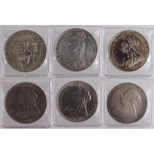 630 - GB Florins (6): 1887 Jubilee, and Veiled Heads: 1893, 1896, 1897, 1898 and 1899, VF to nEF